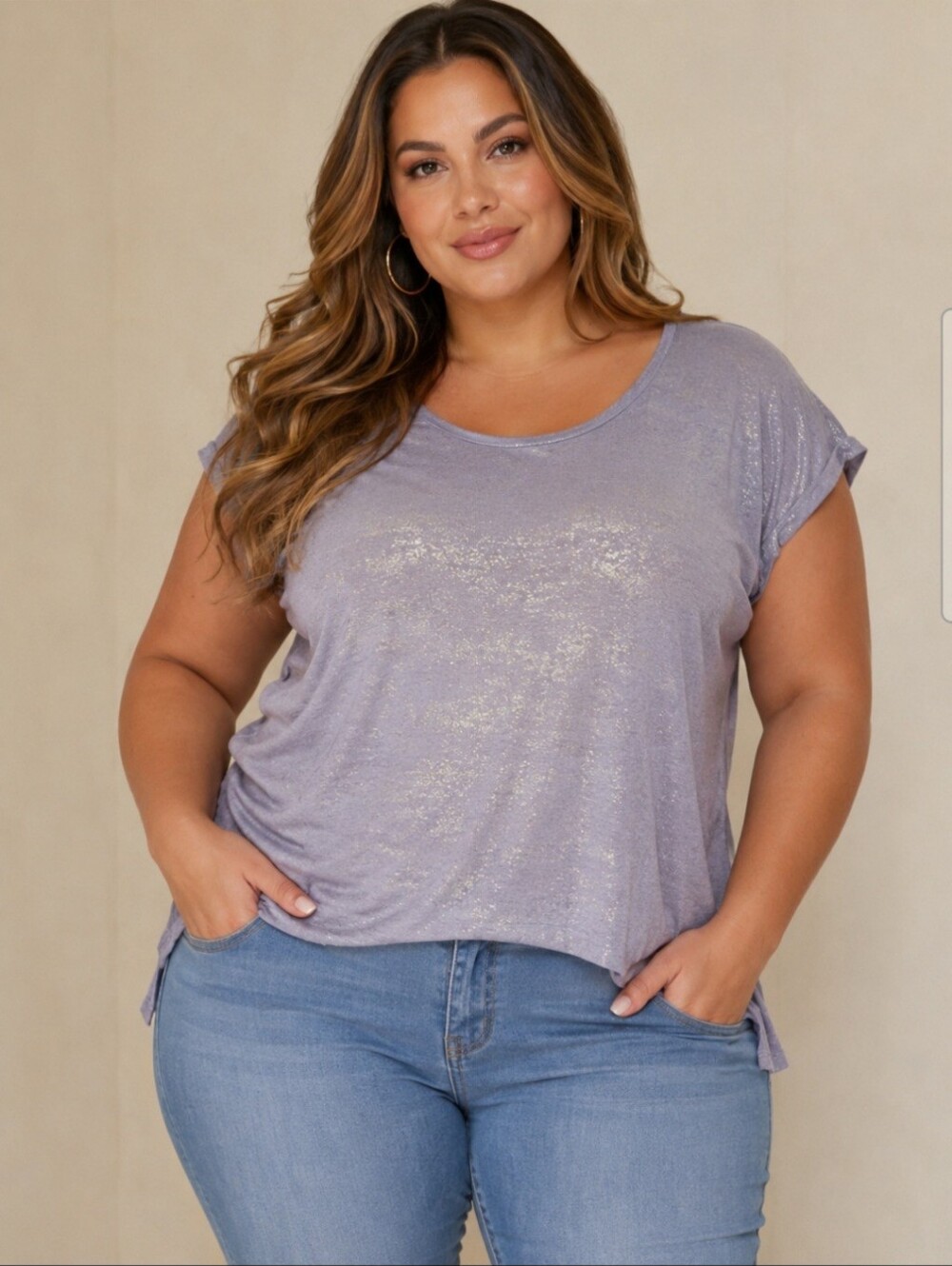Jennifer Lopez Shimmery Lavender,Light Weight Purple Short-Sleeve Scoop Neck Top